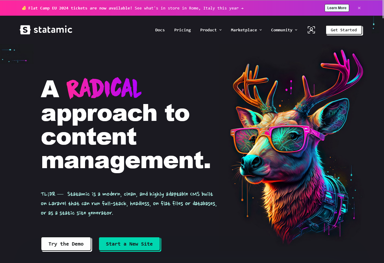 Homepage of statamic.com in March 2024