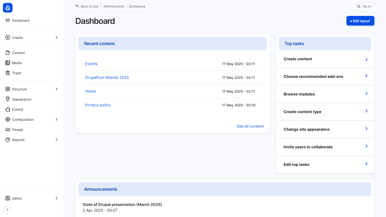 Screenshot: The Dashboard in Drupal CMS