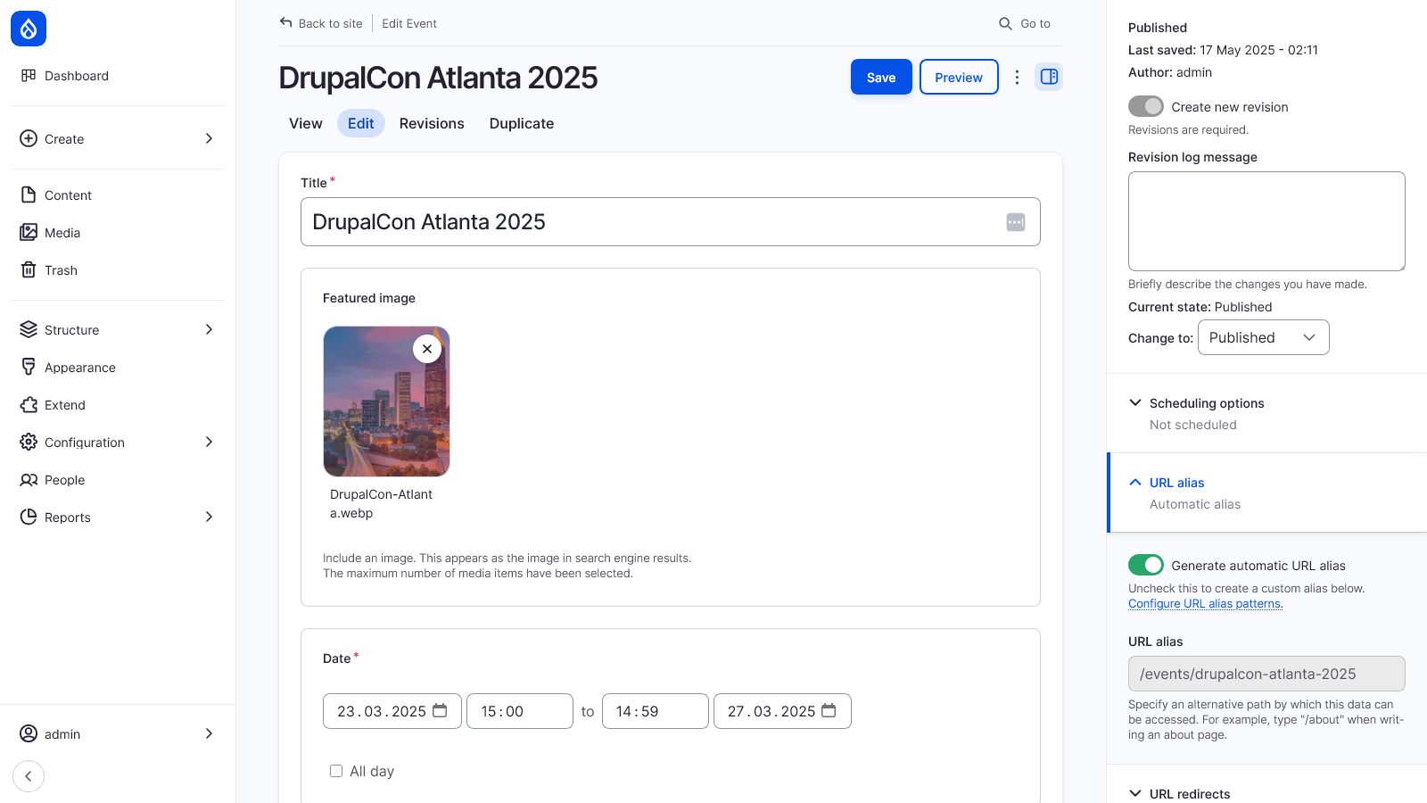 Screenshot: Editing an event in Drupal CMS