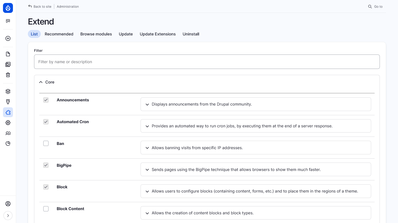 Screenshot: My installation of Drupal CMS misses the recipes tab