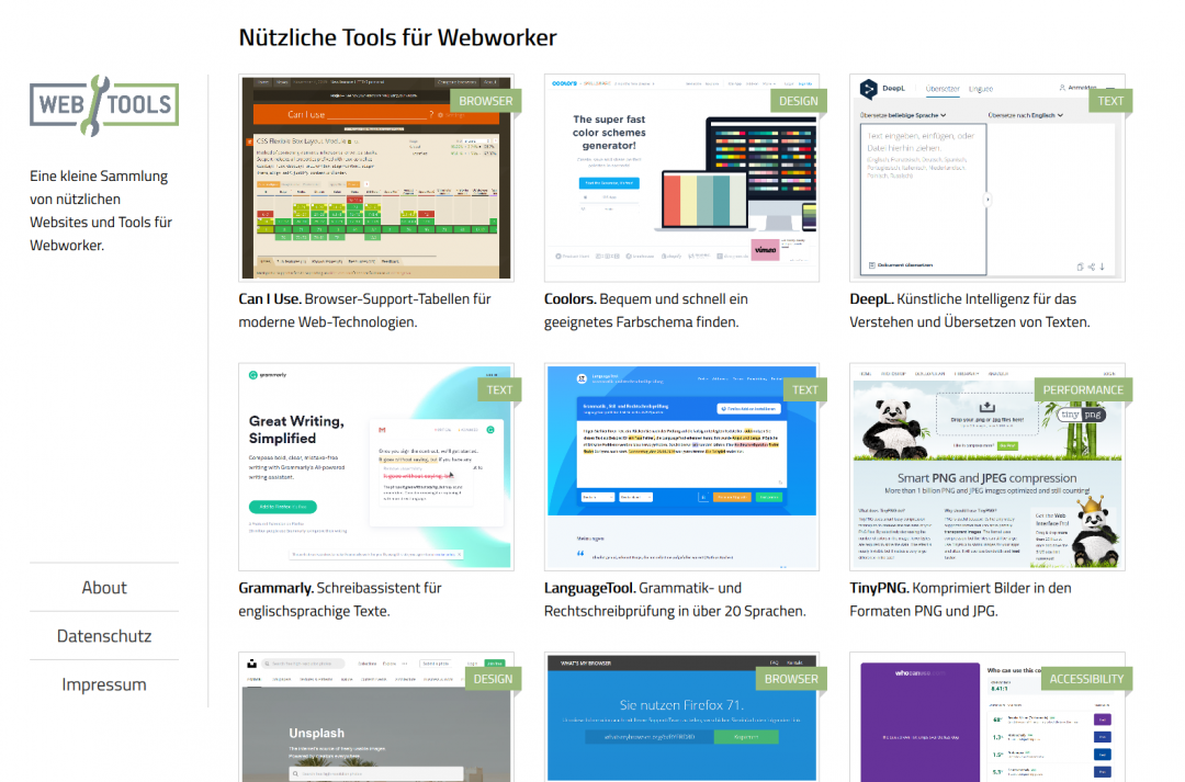 Screenshot of a webtools minisite