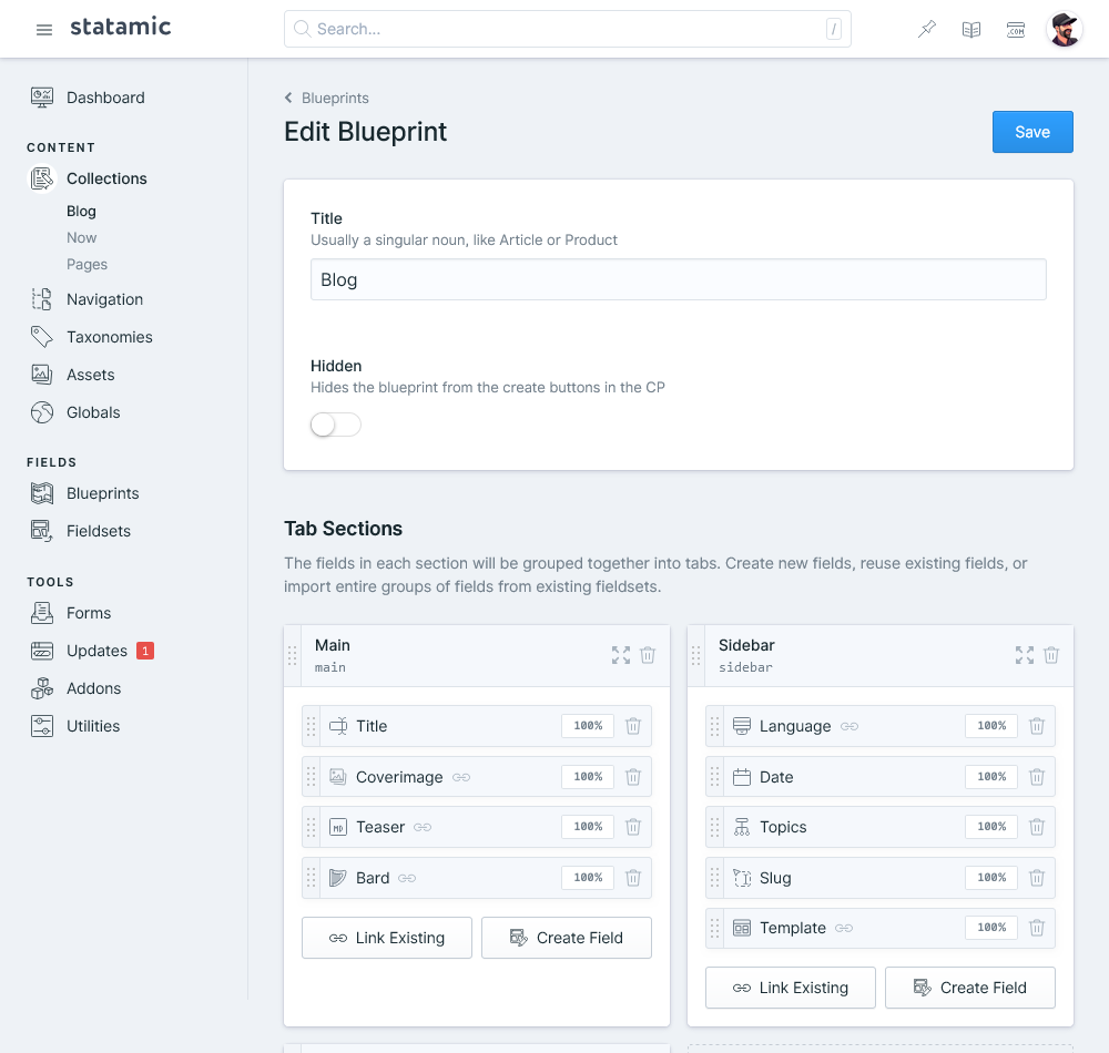 Screenshot of the backend of Statamic 3.0.45