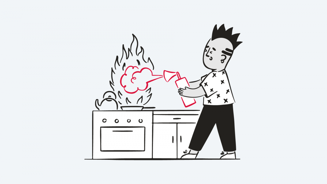 Illustration: Man puts out a fire in the kitchen