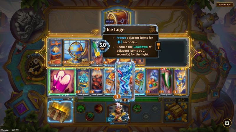 Screenshot: Item Ice Luge: Freeze adjacent items for 1 second. Reduce the Cooldown of adjacent items by 2 second(s) for the fight.