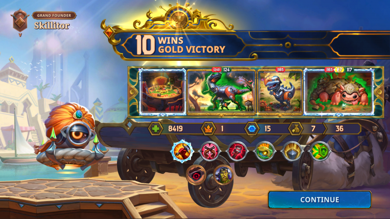 The Bazaar: 10 Wins, Gold Victory, with Dooley and a Dinosaur Destroy Build
