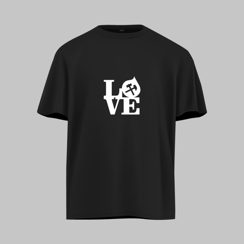 LOVE, T-shirt motif of the DrupalCamp Ruhr 2018, set on a black T-shirt