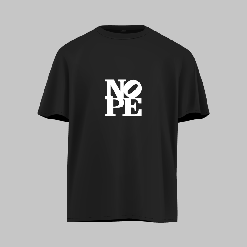 The word »NOPE« set like the LOVE logo, on a black T-shirt