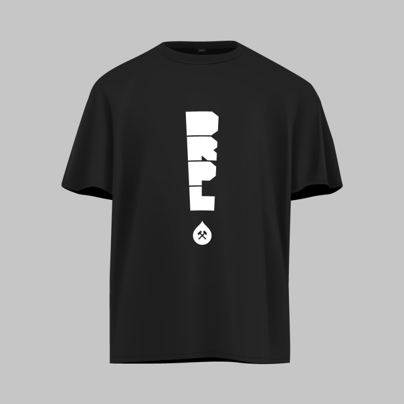 DRPL, set vertically like an exclamation mark, on a black T-shirt