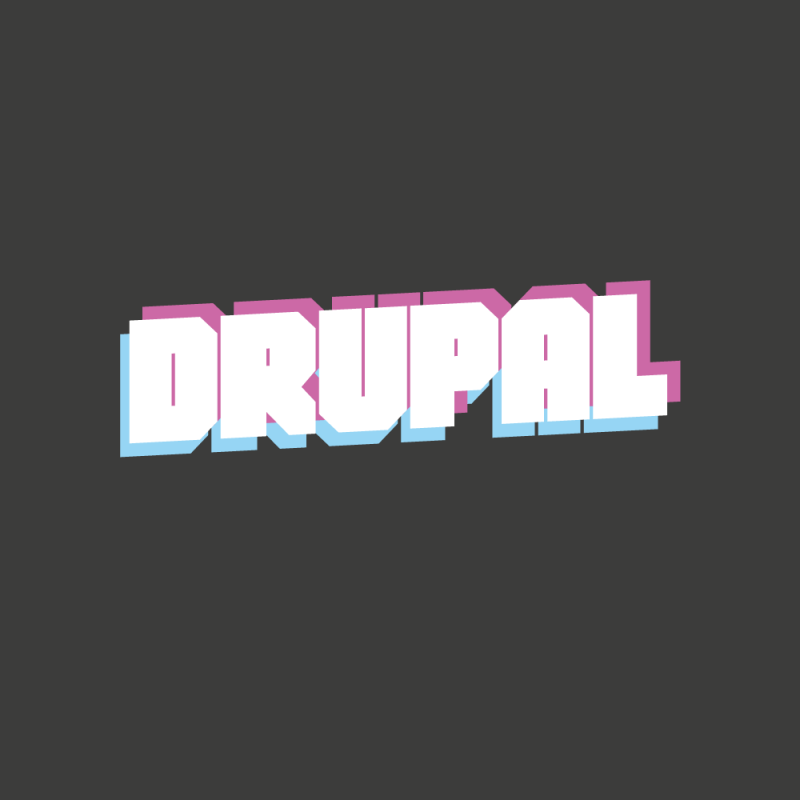 The word DRUPAL, in blue, pink and white, layered over each other