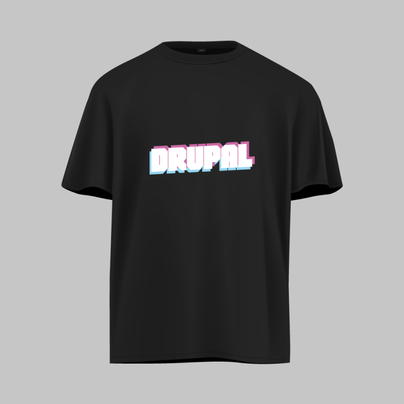 The word DRUPAL, in blue, pink and white, layered over each other, set on a T-shirt