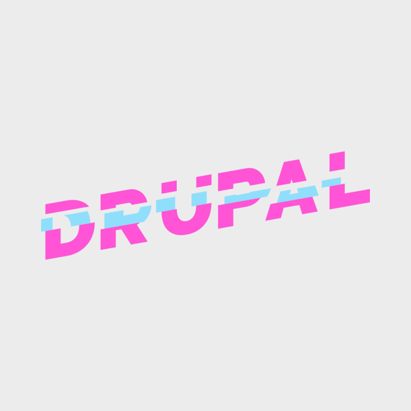 The word DRUPAL, in blue and pink, with a torn effect