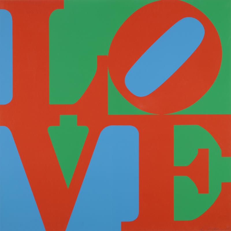 LOVE: a pop art image by American artist Robert Indiana. It consists of the letters L and O over the letters V and E in bold Didone type; the O is slanted sideways so that its oblong negative space creates a line leading to the V.