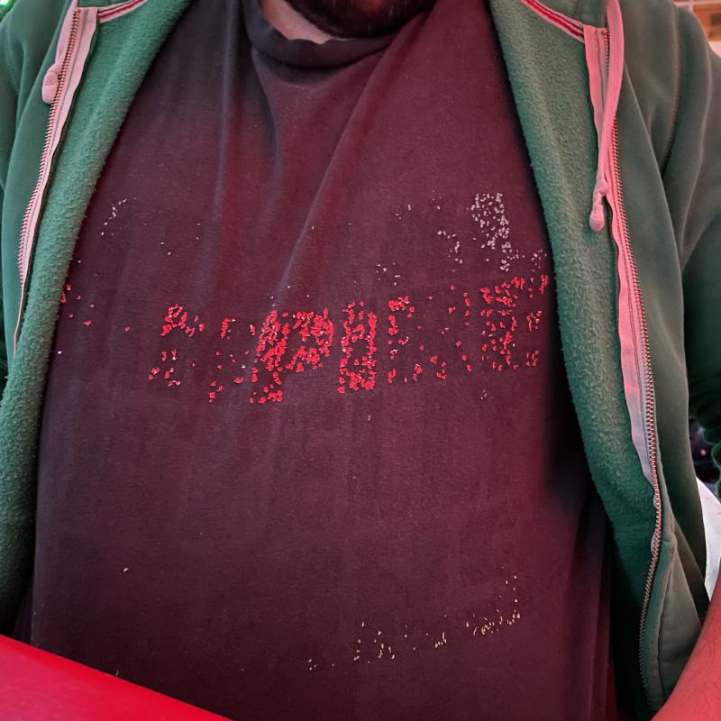 A T-shirt that used to have the words »Literal Vampire Potbelly Goblins« on it. Now washed out.