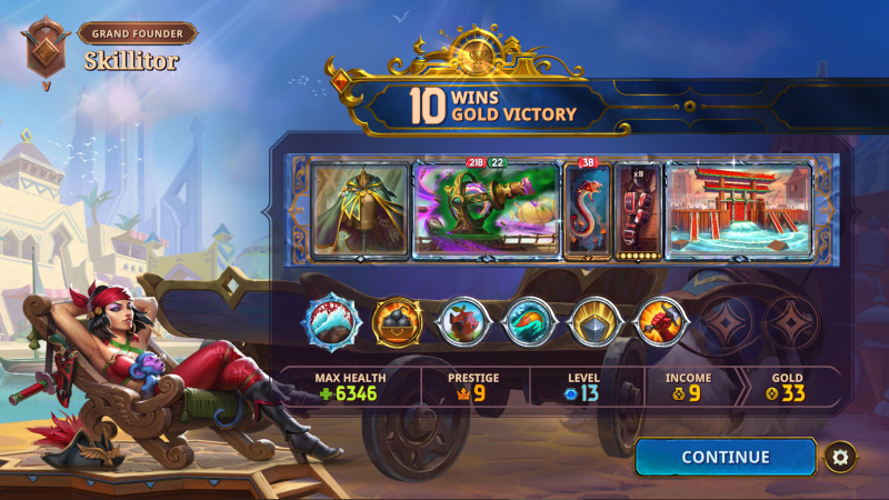 The Bazaar: 10 Wins, Gold Victory, with Vanessa and an accidental Oblivion Cannon + Dam build