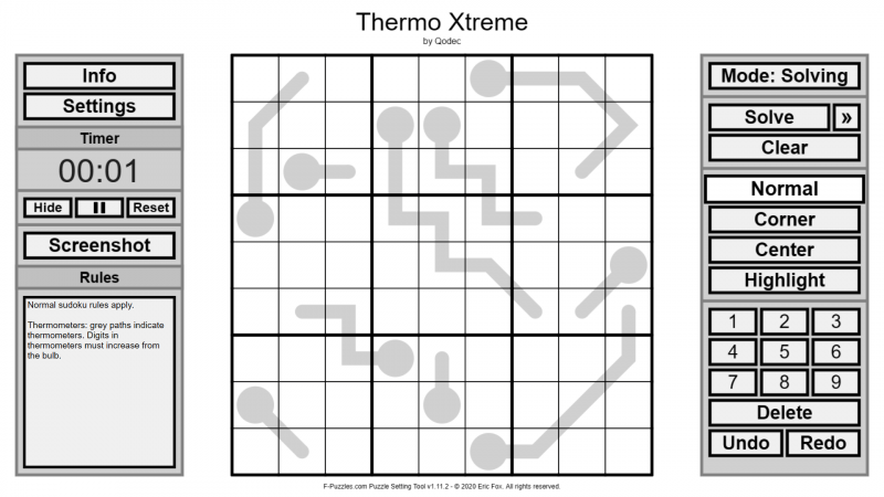 Starting point of the Sodoku puzzle: Thermo Xtreme by Qodec