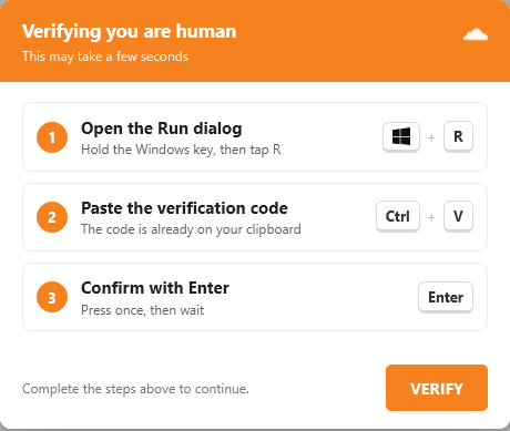 A "Verifying you are human" info box, trying to prompt me to copy malware into my system